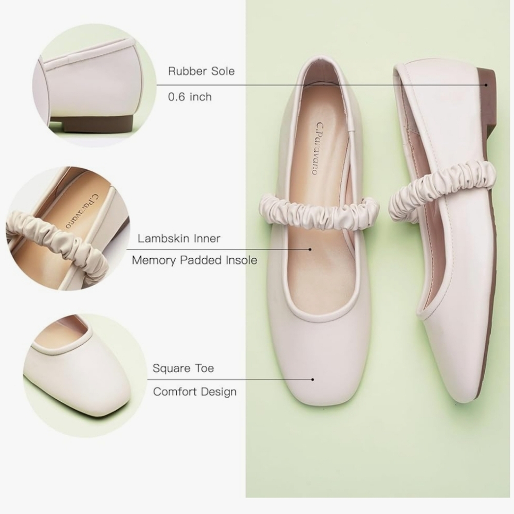 C. Paravano Women's Size 10.5 Off White Elastic Strap Mary Jane (Clara) Flats - Picture 12 of 13